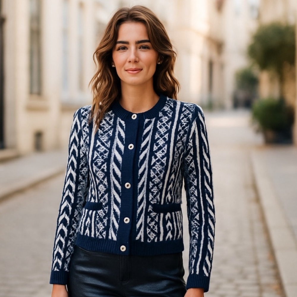 NWOT Martha Stewart Navy & White Preppy Gold Button Cardigan Sweater Size Medium